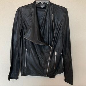 Lamarque Leather Biker Moto Jacket Black Full Asymmetric Zip Slouch Collar M